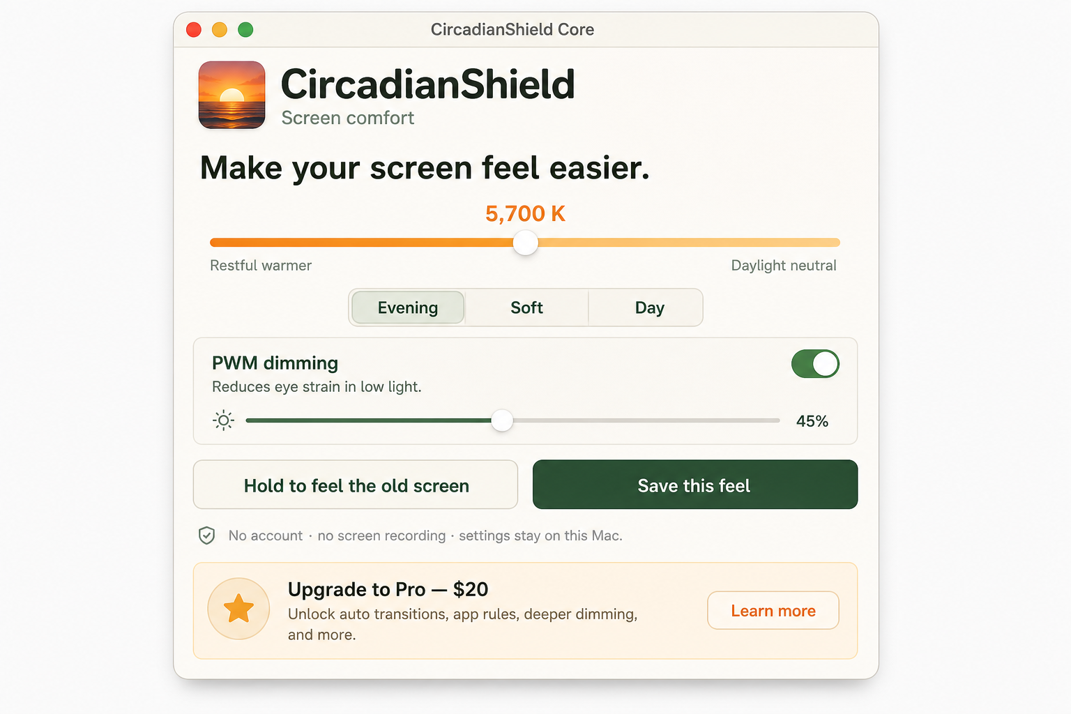 CircadianShield Core on Mac, with warmth and PWM dimming sliders.