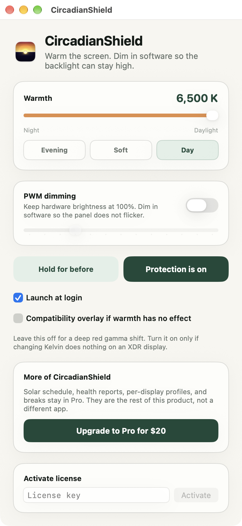CircadianShield Core window on Mac: a warmth slider at 6,500 K with Evening, Soft and Day presets, a PWM dimming switch and slider, Hold for before and Protection is on buttons, an Upgrade to Pro card and an Activate license field